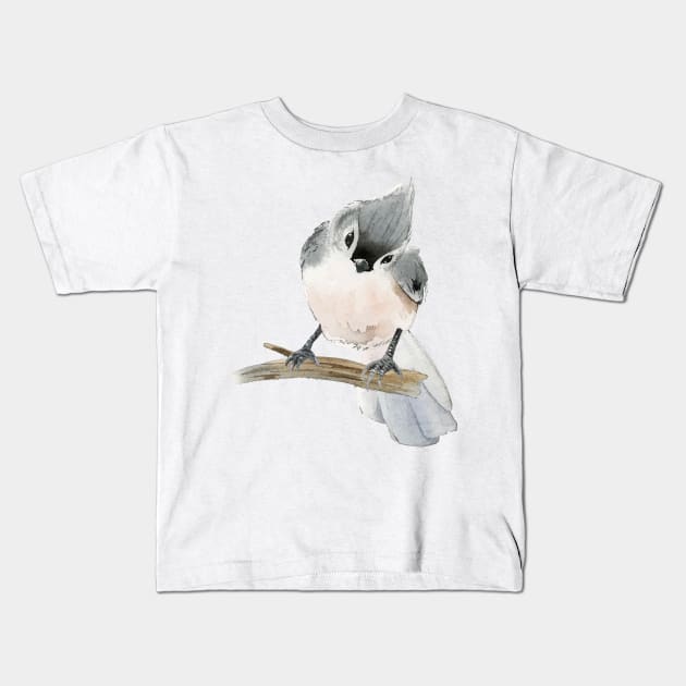 Titmouse Bird Watercolor Kids T-Shirt by Mako Design 